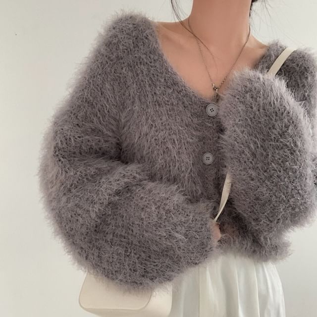 Cloud Nine-V-Neck Plain Fluffy Button-Up Cardigan