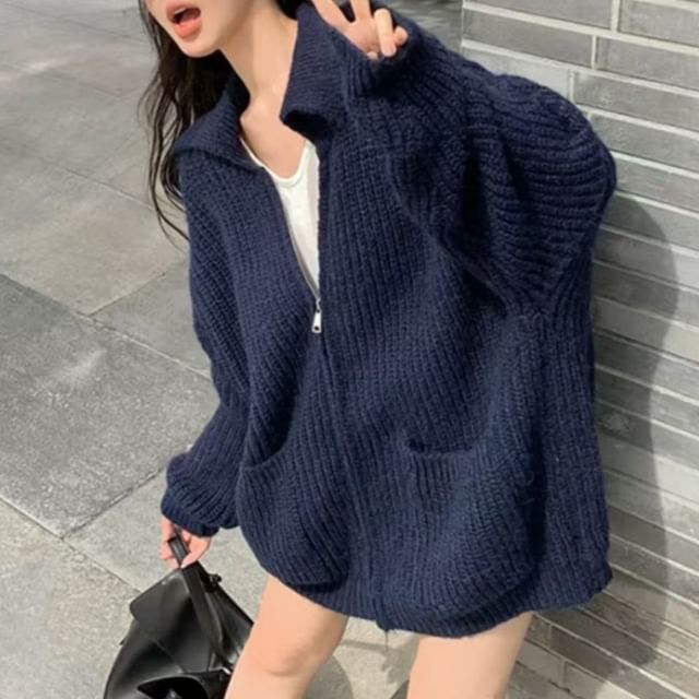 Cloud Nine-V-Neck Plain Ribbed Knit Zip Cardigan