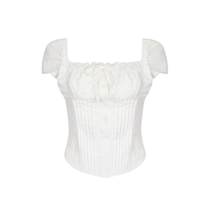 Colada-Cap Sleeve Square Neck Plain Pintuck Drawstring Blouse