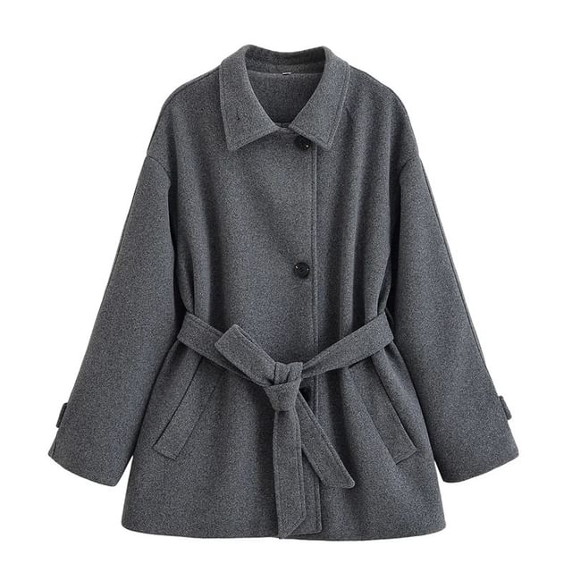 Colada-Collared Tie Waist Button-Up Plain Coat
