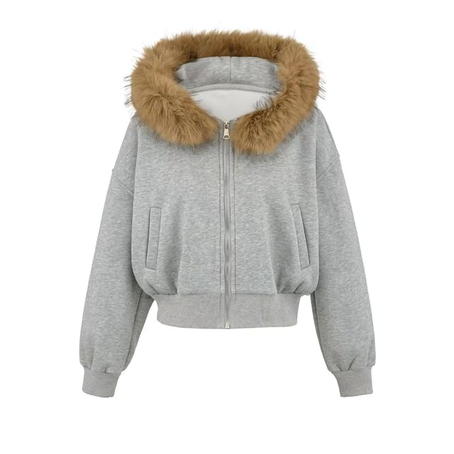 Colada-Contrast Fluffy Trim Zip Hoodie