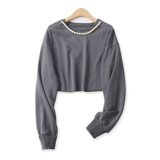 Colada-Crew Neck Plain Faux Pearl Cropped Sweatshirt