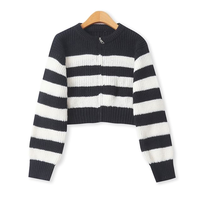 Colada-Crew Neck Striped Zip Cardigan