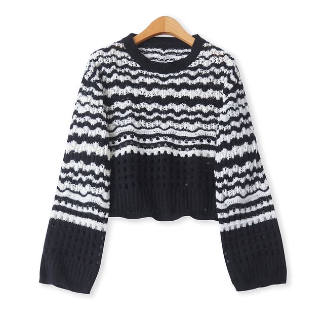 Colada-Crew Neck Wavy Striped Pointelle Knit Sweater