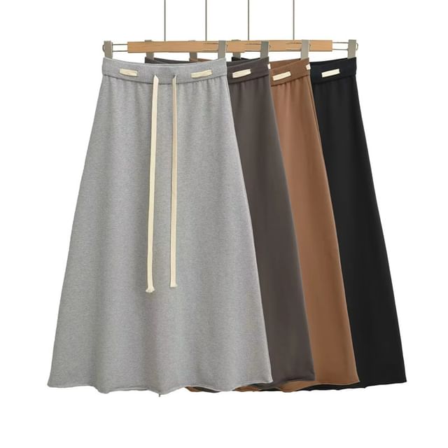 Colada-Drawstring Waist Plain Maxi A-Line Skirt