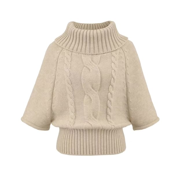 Colada-Elbow-Sleeve Turtleneck Plain Cable Knit Sweater