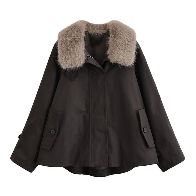 Colada-Fluffy Collar Zip-Up Trench Jacket
