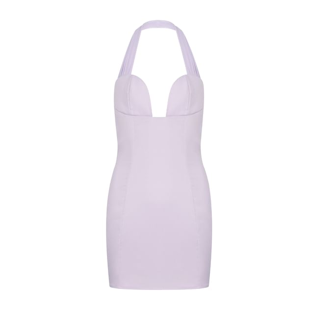 Colada-Halter Deep Plunge Plain Mini Sheath Dress