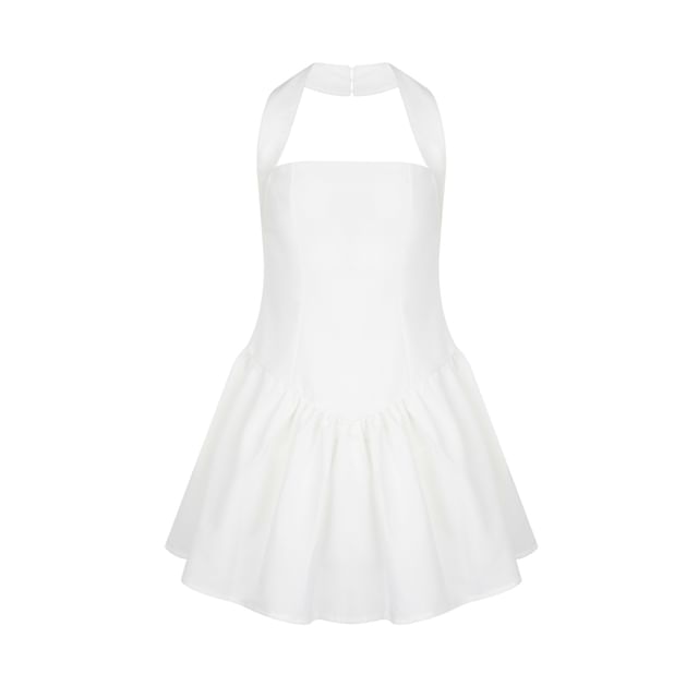 Colada-Halter Plain Gathered Mini A-Line Dress