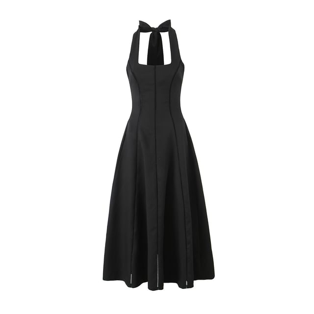 Colada-Halter Square Neck Plain Panel Maxi A-Line Dress