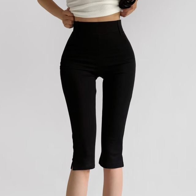 Colada-High Waist Plain Slit Capri Skinny Pants