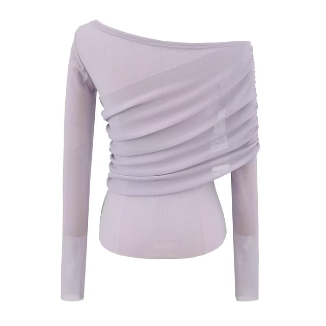 Colada-Long-Sleeve Asymmetrical Neck Plain Mesh Panel Slim Fit Tee