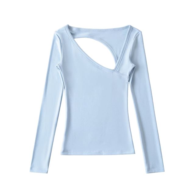 Colada-Long-Sleeve Asymmetrical Neck Plain Open Back Slim Fit Tee