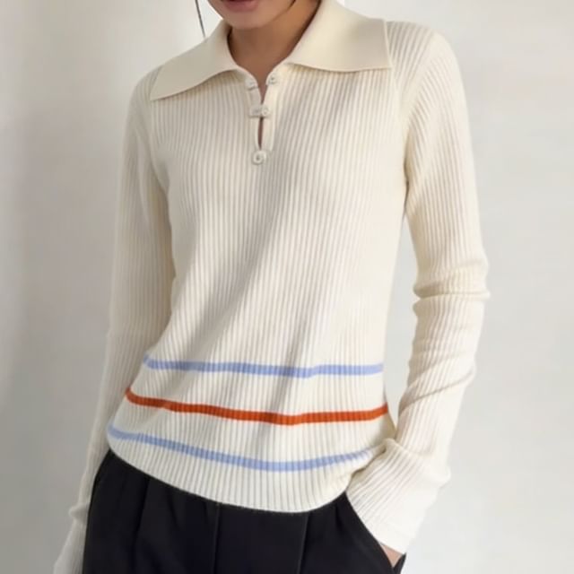 Colada-Long-Sleeve Collared Striped Ribbed Knit Top