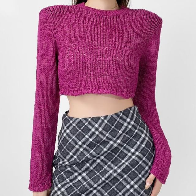 Colada-Long-Sleeve Crew Neck Plain Perforated Crop Knit Top