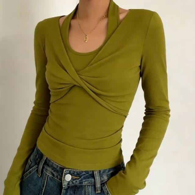 Colada-Long-Sleeve Halter Neck Plain Twisted T-Shirt