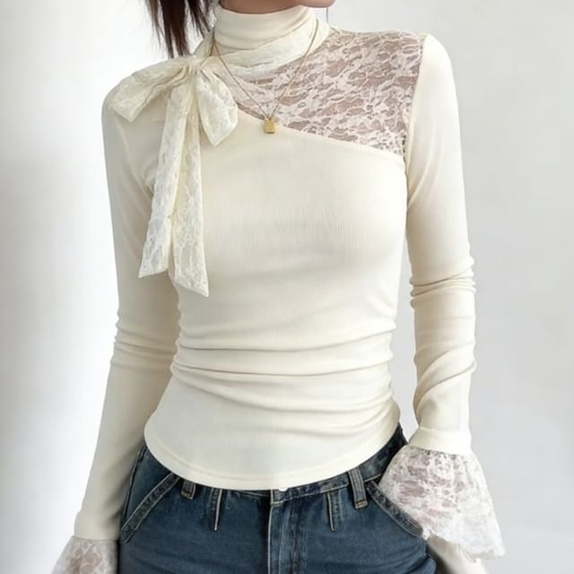 Colada-Long-Sleeve Mock Neck Plain Lace Panel T-Shirt