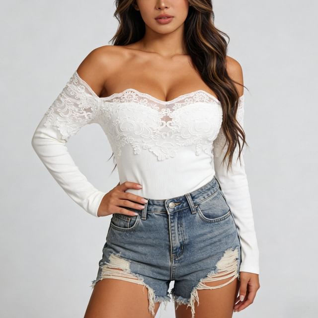 Colada-Long Sleeve Off Shoulder Plain Panel Lace Top
