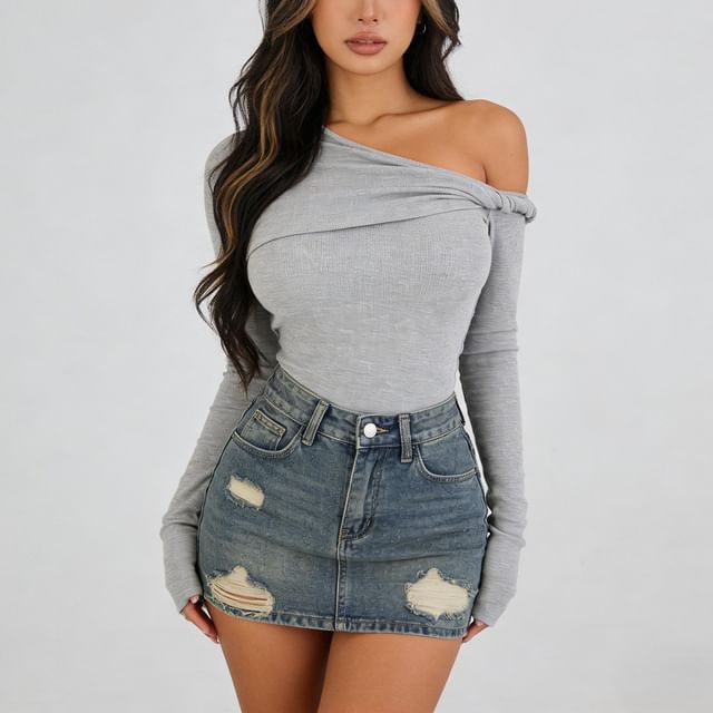 Colada-Long Sleeve One Shoulder Plain Twist Top