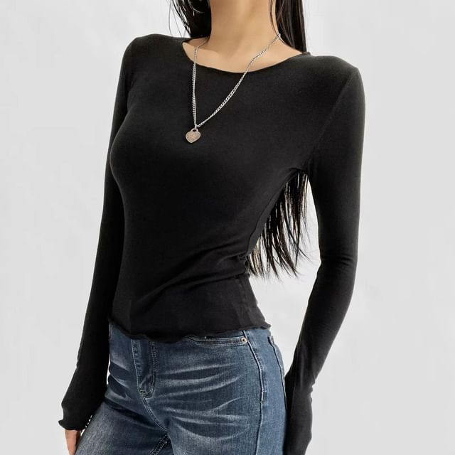 Colada-Long-Sleeve Round Neck Plain Sheer Tee