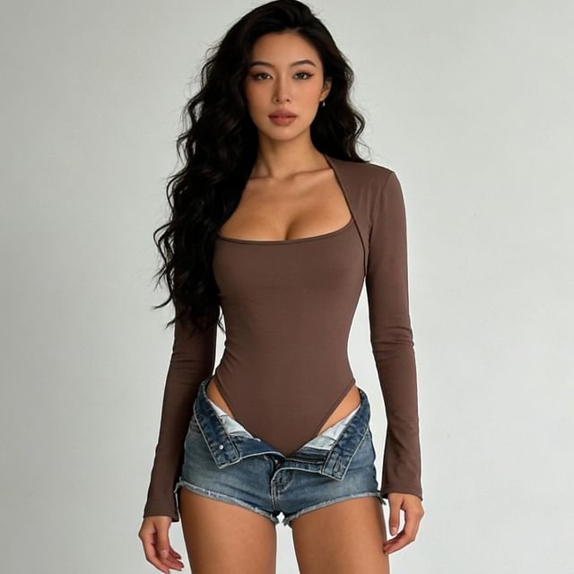 Colada-Long-Sleeve Square Neck Plain Bodysuit Top