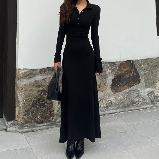 Colada-Long-Sleeve Stand Collar Half-Buttoned Plain Maxi A-Line Dress