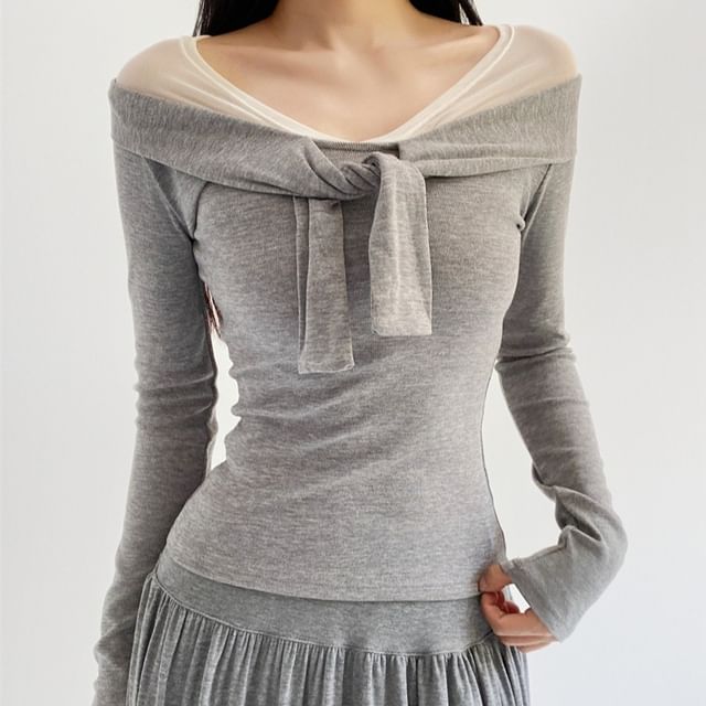 Colada-Long-Sleeve Two Tone Mesh Panel Top
