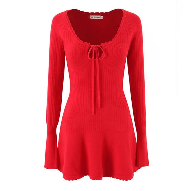 Colada-Long-Sleeve U-Neck Plain Mini A-Line Dress