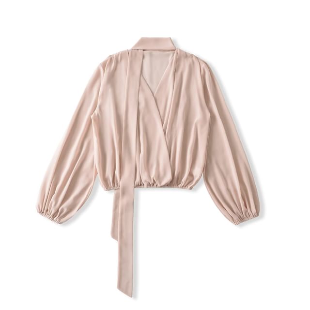 Colada-Long-Sleeve V-Neck Plain Blouse