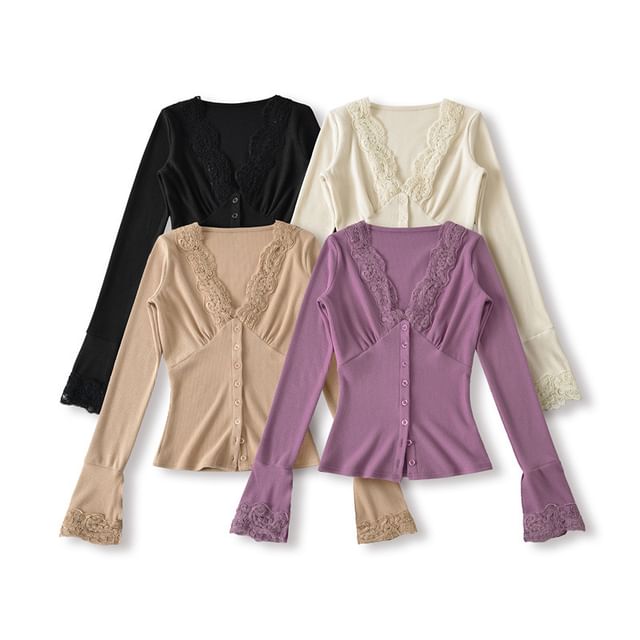 Colada-Long-Sleeve V-Neck Plain Lace Trim Top