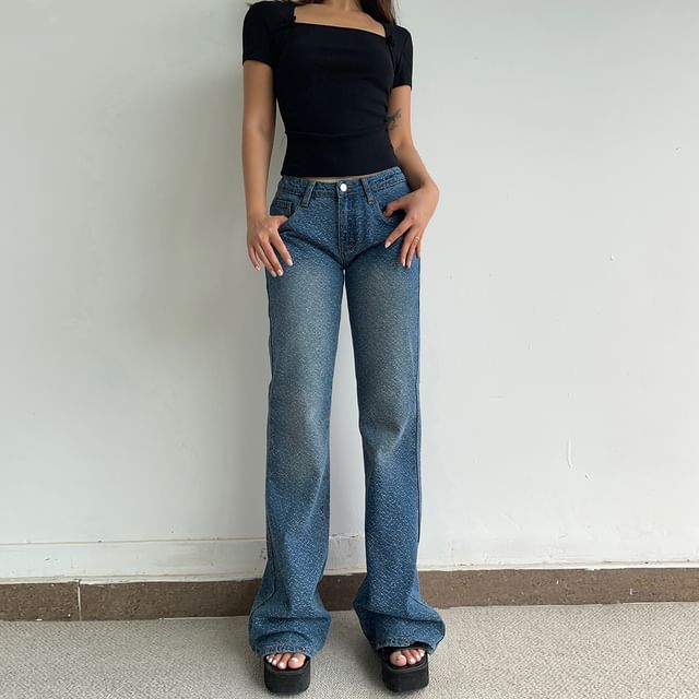 Colada-Low Rise Jacquard Washed Flared Jeans