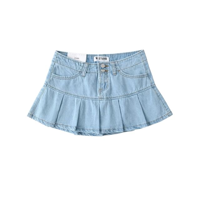 Colada-Low Rise Pleated Denim Mini A-Line Skort