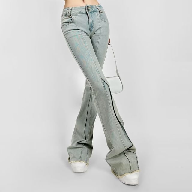Colada-Low Waist Washed Frayed Flared Jeans