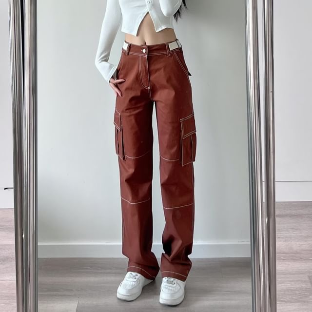 Colada-Mid Rise Contrast Stitching Straight Leg Cargo Pants