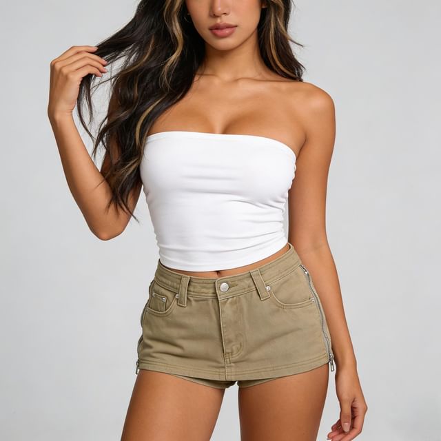 Colada-Mid Rise Plain Zip Slit Mini Denim Skirt