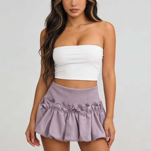 Colada-Mid Waist Bubble Plain Mini Skirt