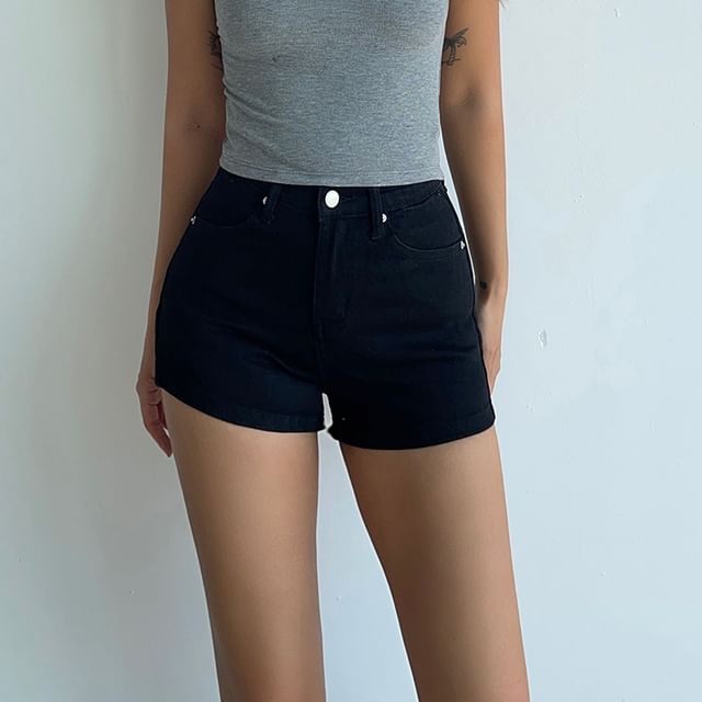 Colada-Mid Waist Washed Denim Hot Pants