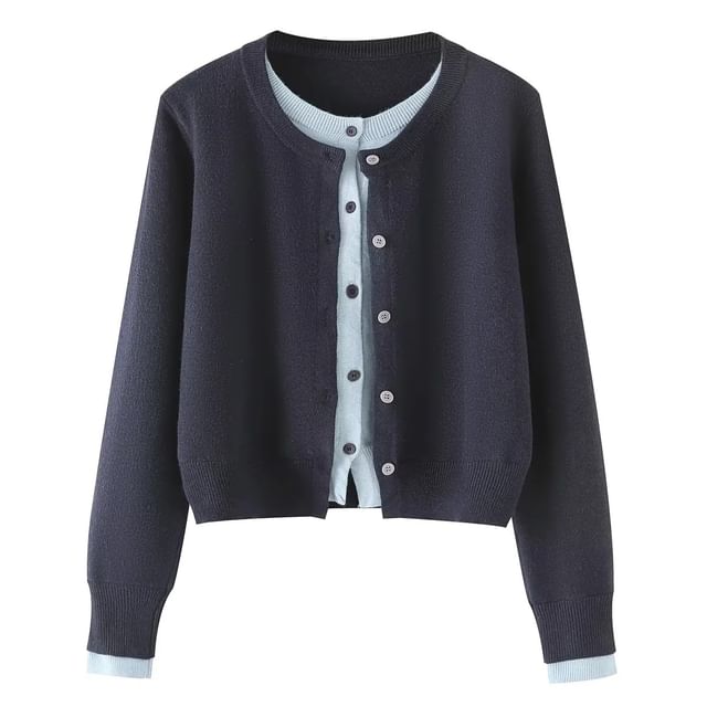 Colada-Mock Two-Piece Crew Neck Two Tone Button-Up Cardigan