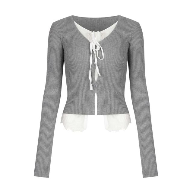 Colada-Mock Two-Piece V-Neck Lace Panel Button-Up Slit Cardigan