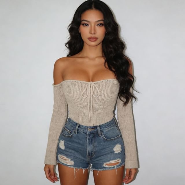 Colada-Off Shoulder Plain Ribbed Knit Crop Sweater