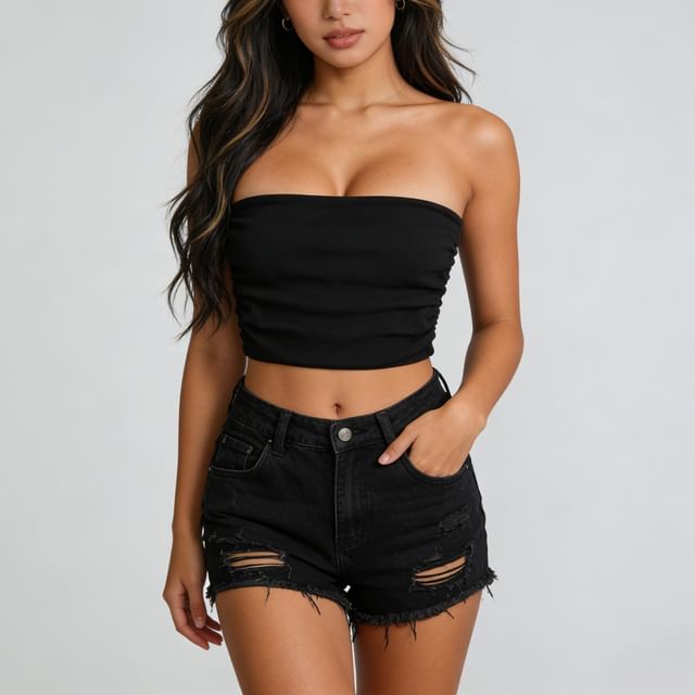 Colada-Plain Ruched Crop Tube Top