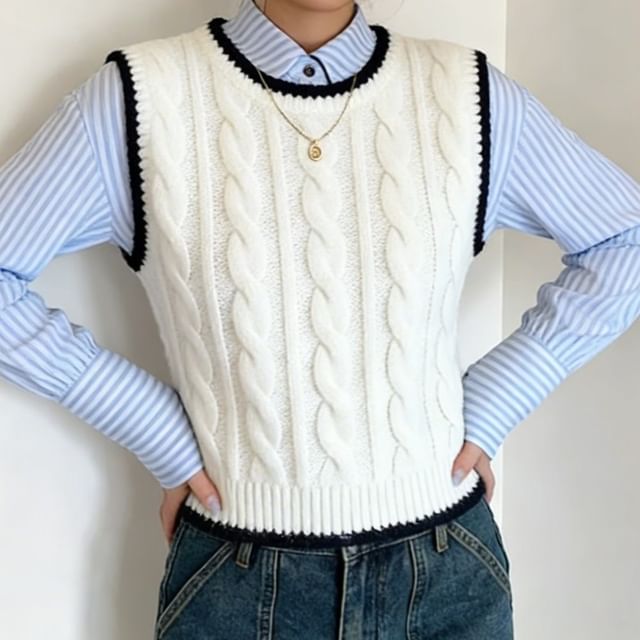 Colada-Round Neck Contrast Trim Cable Knit Sweater Vest