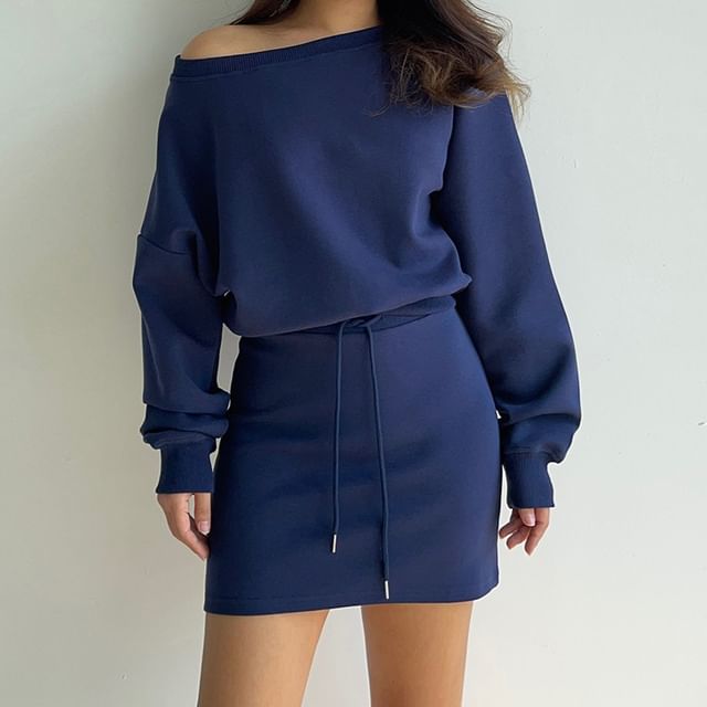 Colada-Set Off-Shoulder Plain Crop Pullover Drawstring Waist Mini Pencil Skirt