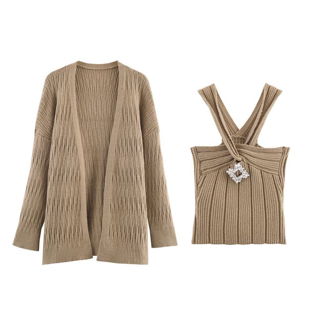Colada-Set Plain Open Front Cardigan Halter Neck Rhinestone Accent Crop Knit Top