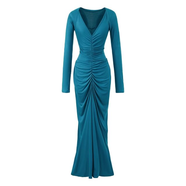 Colada-Set Spaghetti Strap V-Neck Plain Ruched Racerback Maxi Mermaid Dress Shrug