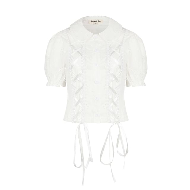Colada-Short-Sleeve Collared Plain Lace Up Crop Blouse