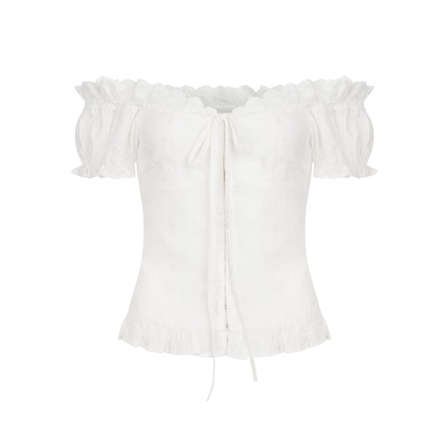 Colada-Short-Sleeve Off Shoulder Plain Ruffle Trim Blouse