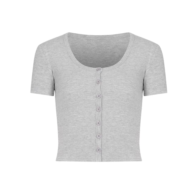 Colada-Short Sleeve Scoop Neck Plain Button Crop Top