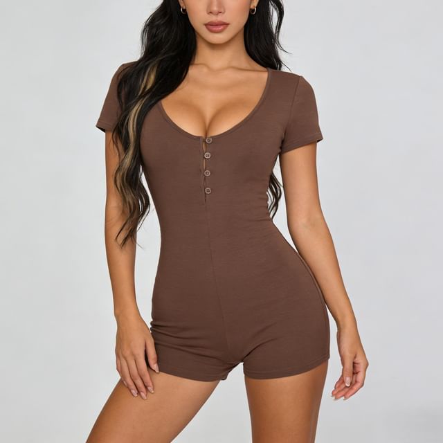 Colada-Short-Sleeve V-Neck Half-Buttoned Plain Romper