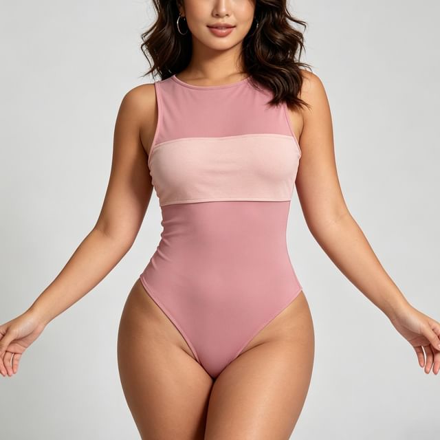 Colada-Sleeveless Crew Neck Plain Mesh Panel Bodysuit Top